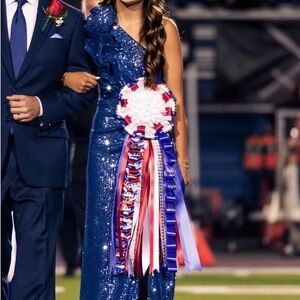 Mac Duggal Navy Sequin One-Shoulder Prom Dress